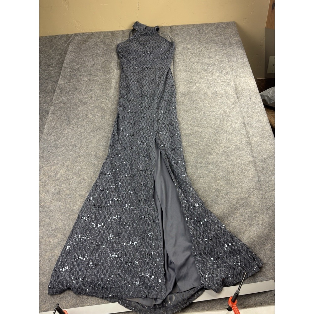 B Darlin Juniors' Women's 1/2 Gray Sequin Lace Halter Side-Slit Gown Prom Hoco